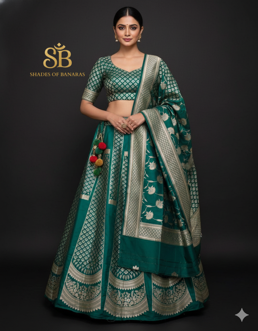 Verdant Royale Luxe Couture Banarasi Lehenga — Bottle Green Heirloom Edit by Shades Of Banaras - banarasi - banarasi saree shop - banarasi saree manufacturers - banarasi saree wholesale - banaraasi sarees