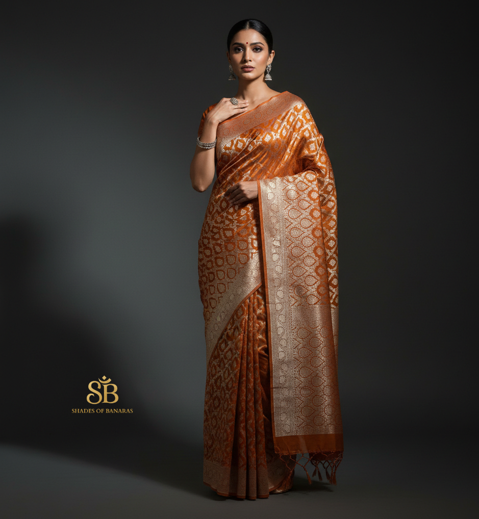 Kesariya Jaal — Pure Silk Banarasi Saree in Radiant Orange by Shades Of Banaras - banarasi - banarasi saree shop - banarasi saree manufacturers - banarasi saree wholesale - banaraasi sarees - banarasi sari - banarasi saris