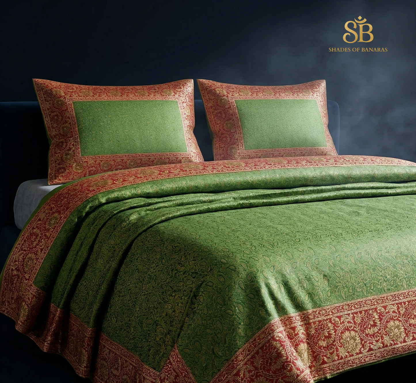 Luxe Emerald Heritage: Pure Dupion Silk Handloom Banarasi Bedcover Set