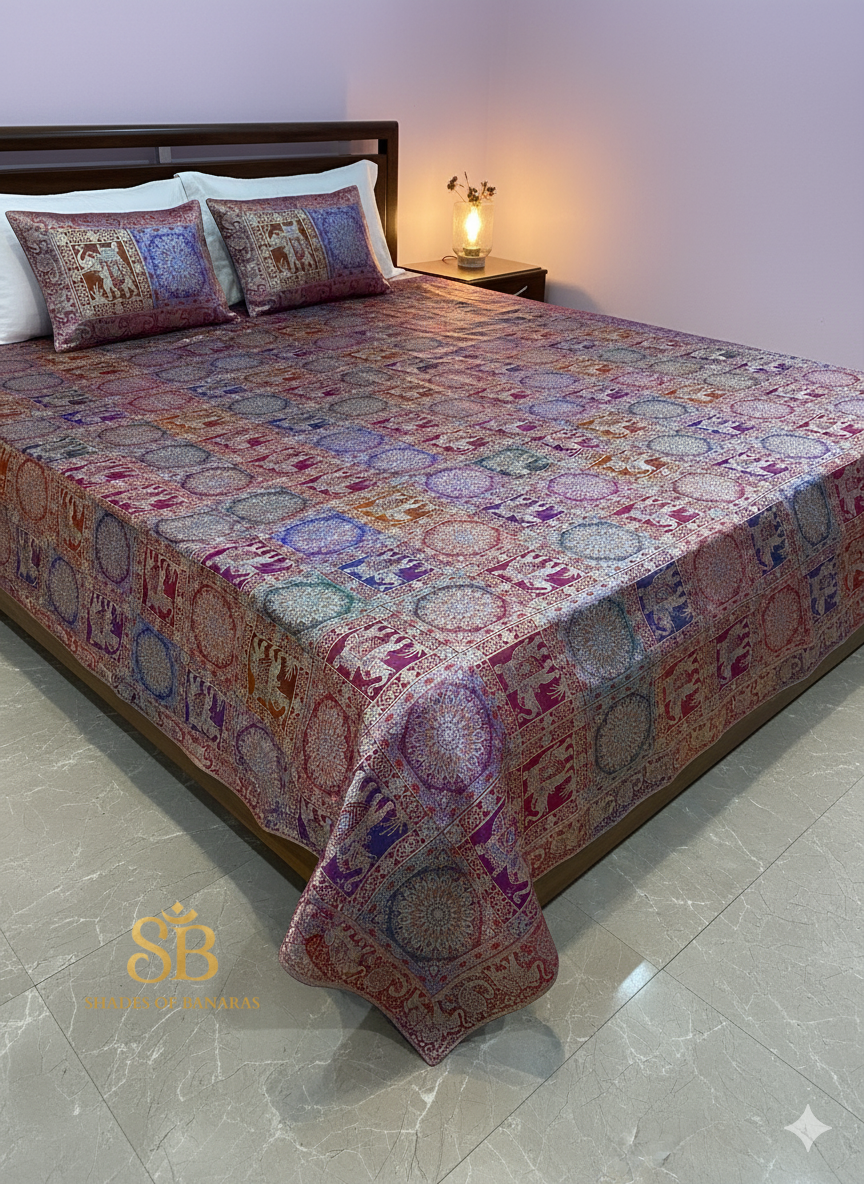 Jewel-Toned Purple & Pink Pure Brocade Banarasi Bedcover Set by Shades Of Banaras - banarasi - banarasi saree shop - banarasi saree manufacturers - banarasi saree wholesale - banaraasi sarees
