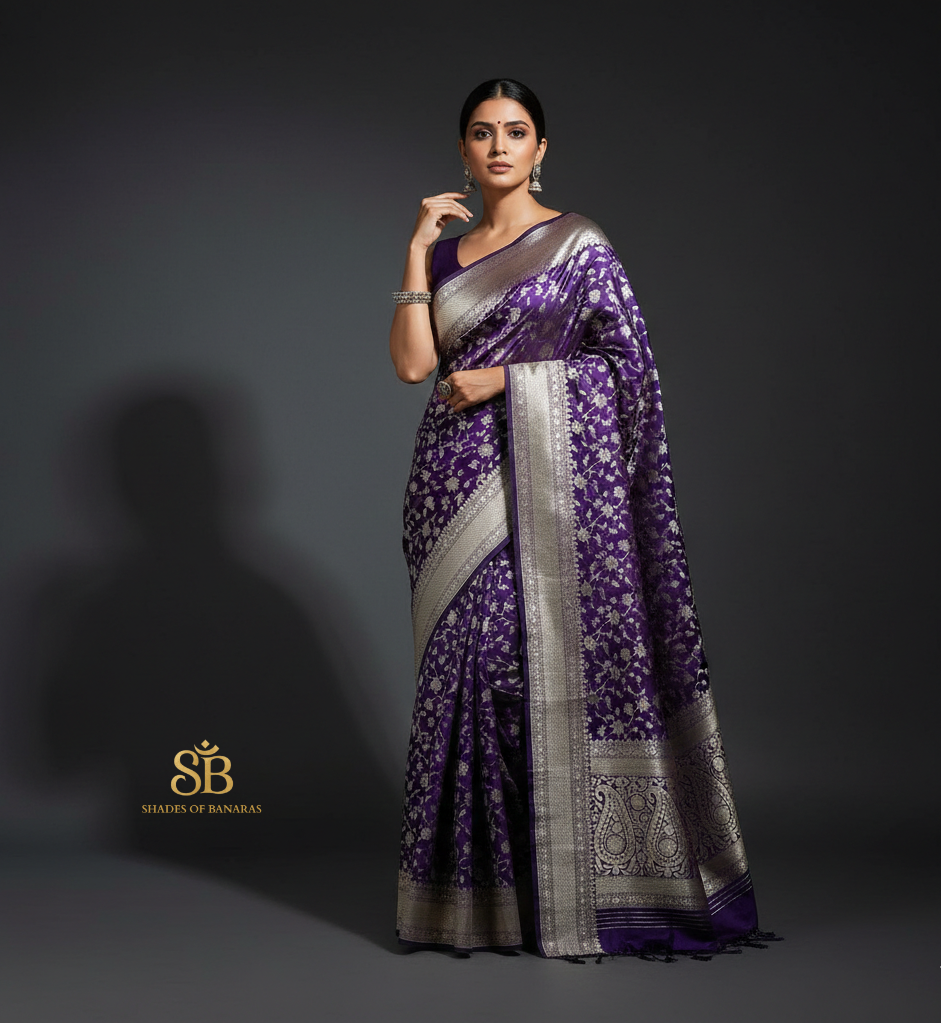 Neelam Jaal — Pure Silk Banarasi Saree in Royal Purple by Shades Of Banaras - banarasi - banarasi saree shop - banarasi saree manufacturers - banarasi saree wholesale - banaraasi sarees - banarasi sari - banarasi saris