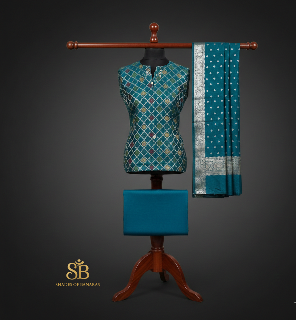 Cerulean Splendor: Pure Banarasi Cotton Silk Minakari Handloom Suit Set