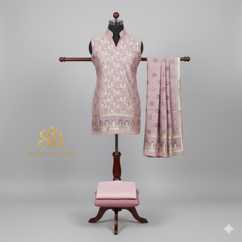 Light Pink Pure Banarasi Moonga Silk Handloom Shikargah 3-Piece Suit Set by Shades Of Banaras - banarasi - banarasi saree shop - banarasi saree manufacturers - banarasi saree wholesale - banaraasi sarees