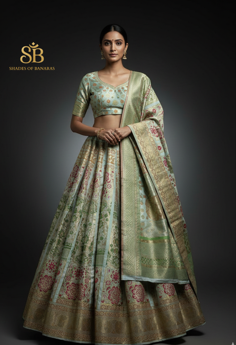 Mint Reverie Luxe Couture — Pastel Green Banarasi Silk Lehenga by Shades Of Banaras - banarasi - banarasi saree shop - banarasi saree manufacturers - banarasi saree wholesale - banaraasi sarees