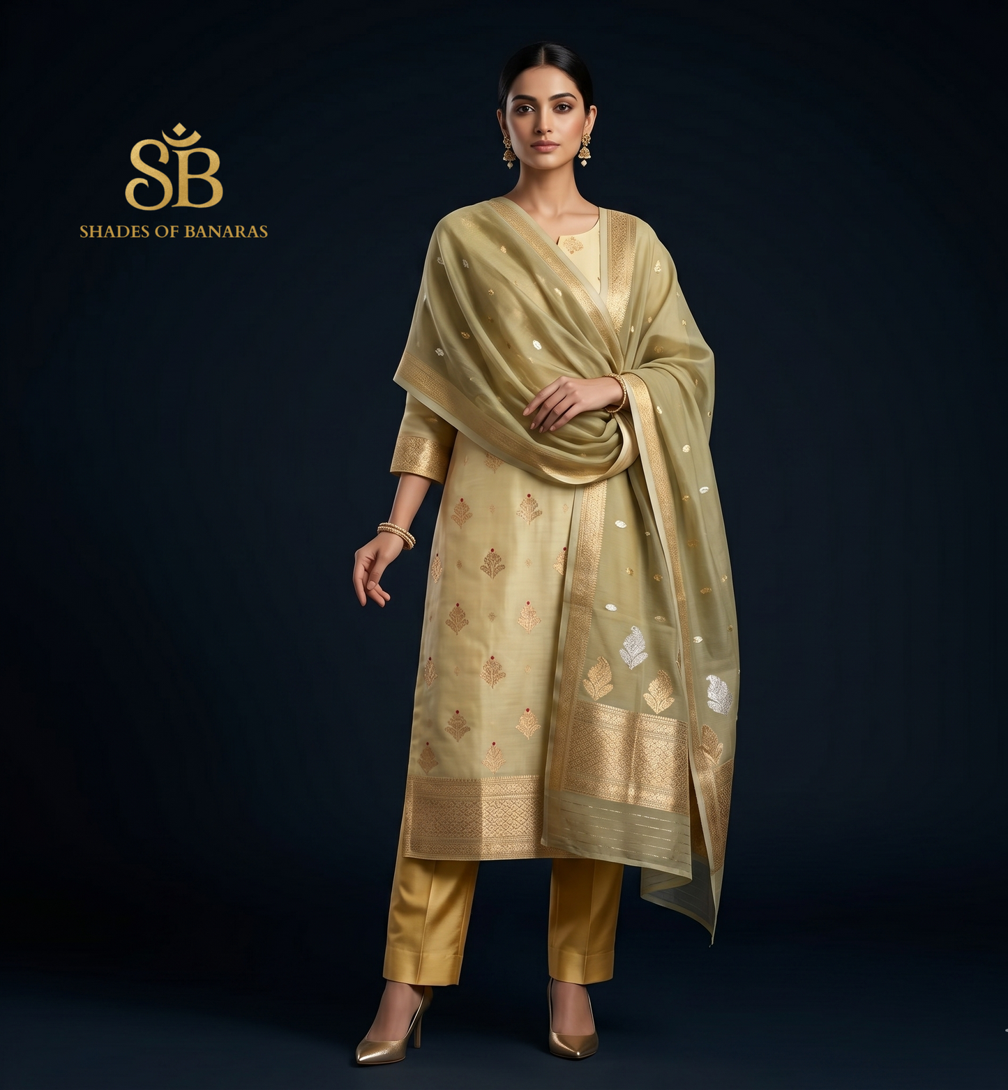 Yellow Banarasi Kadhua Luxe Suit Set in Pure Kora Organza by Shades Of Banaras - banarasi - banarasi saree shop - banarasi saree manufacturers - banarasi saree wholesale - banaraasi sarees - banarasi sari - banarasi saris - silk saree - silk sari - wedding saree - wedding sari - designer sari - wedding collection - gifting