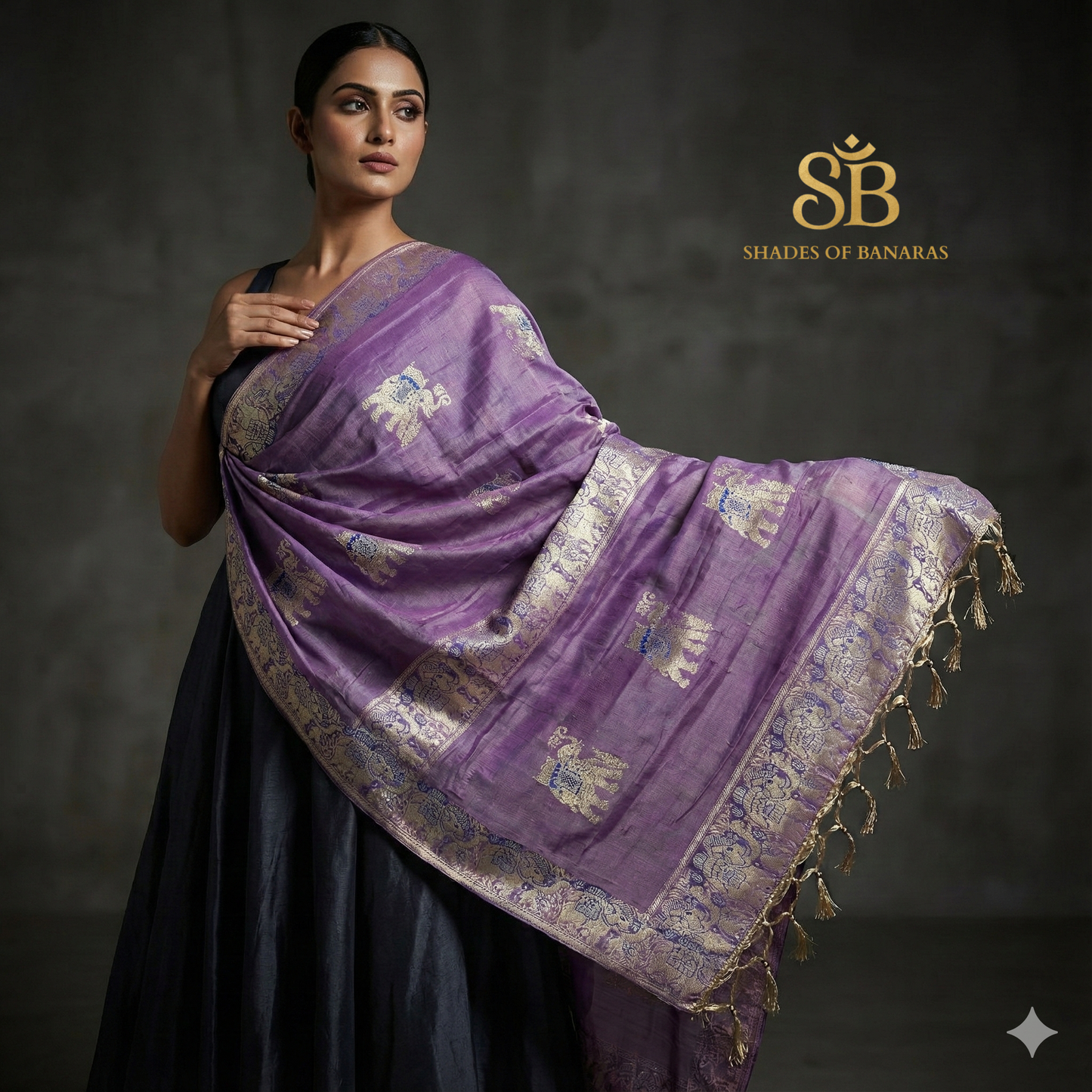 Lavender Royale – Pure Silk Banarasi Luxury Scarf (Kadhwa Elephant Motif) by Shades Of Banaras - banarasi - banarasi saree shop - banarasi saree manufacturers - banarasi saree wholesale - banaraasi sarees