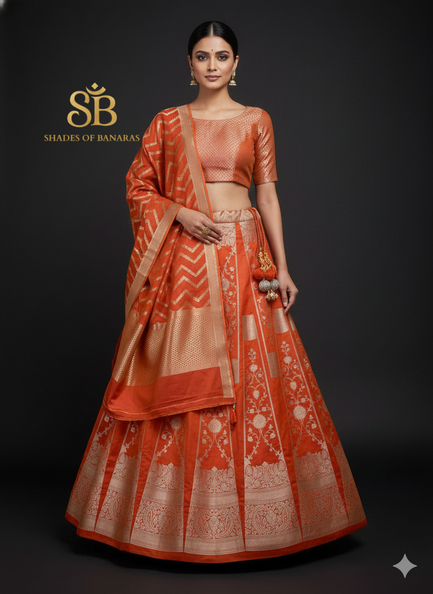Amber Noor Luxe Couture Banarasi Lehenga — Orange Royal Heirloom by Shades Of Banaras - banarasi - banarasi saree shop - banarasi saree manufacturers - banarasi saree wholesale - banaraasi sarees