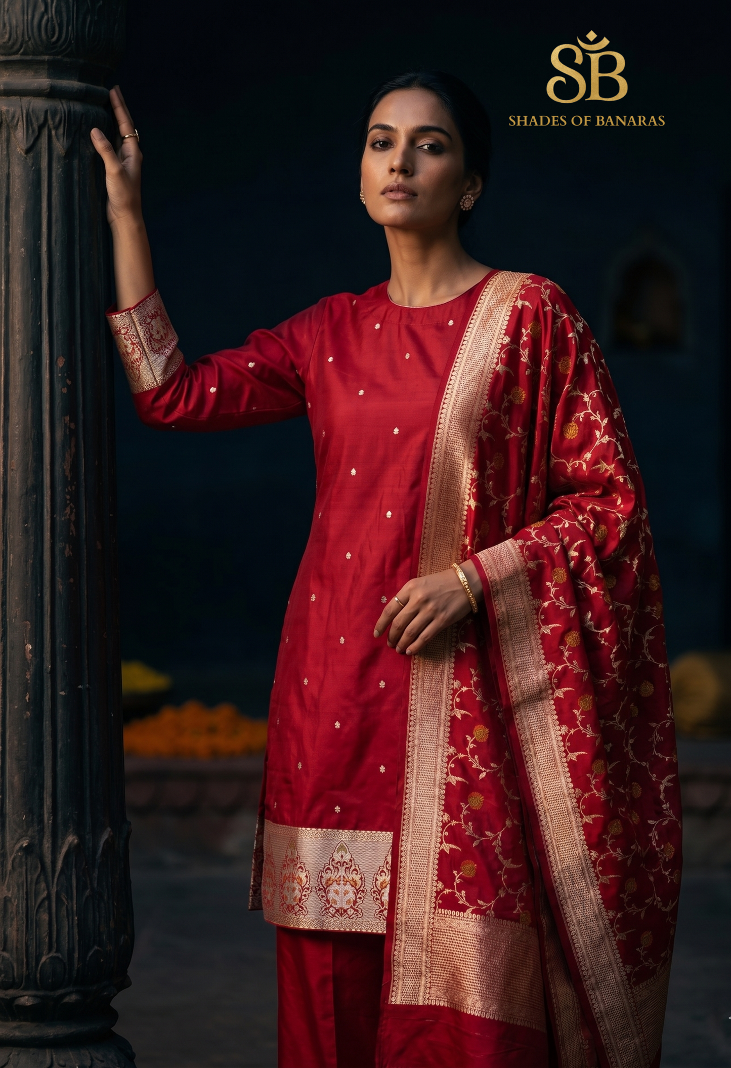 The Crimson Sovereign: Luxe Pure Banarasi Silk Kadhua Suit with Meenakari Artistry