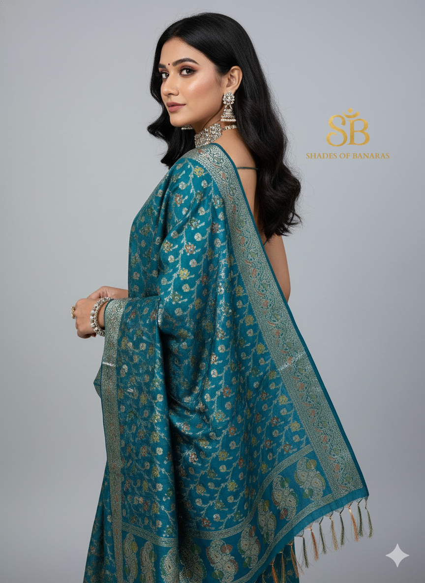 Teal Blue Minakari Katan Soft Silk Banarasi Dupatta by Shades Of Banaras - banarasi - banarasi saree shop - banarasi saree manufacturers - banarasi saree wholesale - banaraasi sarees