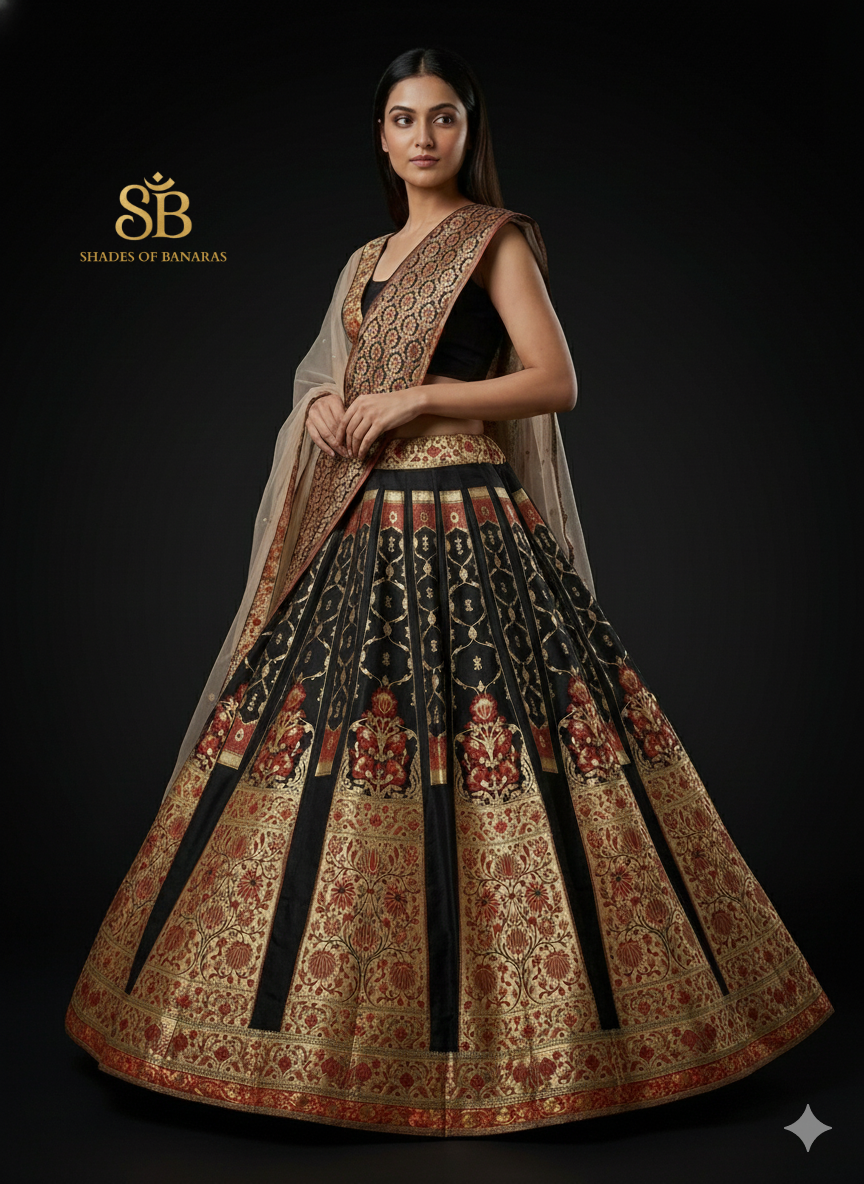 Obsidian Royale Luxe Couture — Black Banarasi Silk Lehenga by Shades Of Banaras - banarasi - banarasi saree shop - banarasi saree manufacturers - banarasi saree wholesale - banaraasi sarees