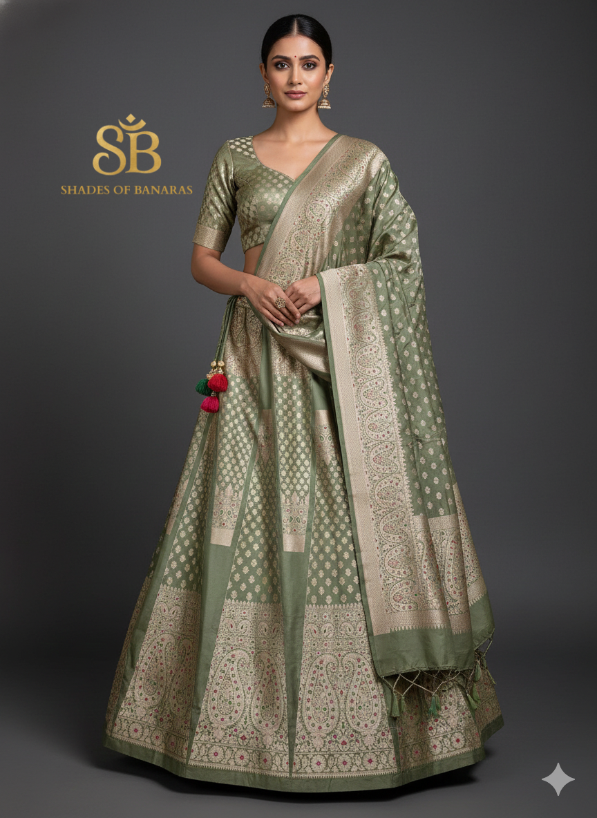 Celadon Grace Luxe Couture Banarasi Lehenga — Pastel Green Heirloom Edit by Shades Of Banaras - banarasi - banarasi saree shop - banarasi saree manufacturers - banarasi saree wholesale - banaraasi sarees