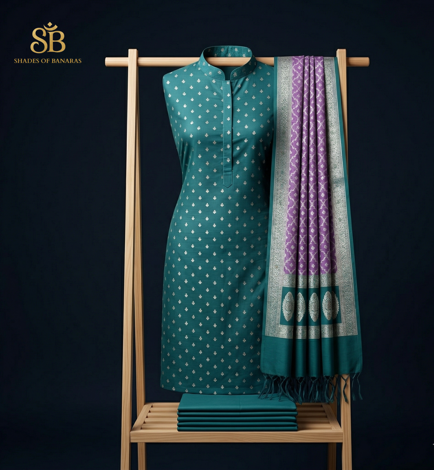The Emerald Sea & Royal Iris: Handloom Banarasi Cotton Luxury Suit by Shades Of Banaras - banarasi - banarasi saree shop - banarasi saree manufacturers - banarasi saree wholesale - banaraasi sarees - banarasi sari - banarasi saris - silk saree - silk sari - wedding saree - wedding sari - designer sari - wedding collection - gifting