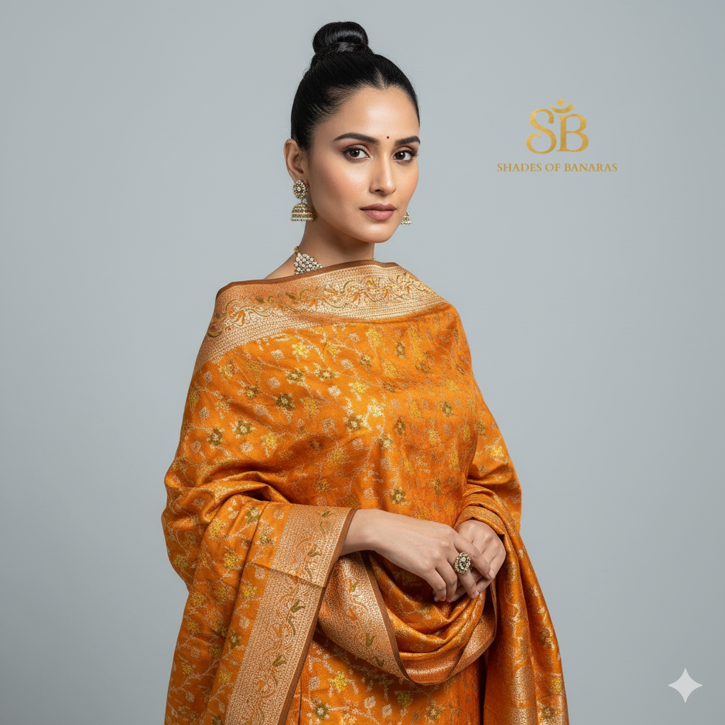 Yellow Katan Soft Silk Banarasi Dupatta by Shades Of Banaras - banarasi - banarasi saree shop - banarasi saree manufacturers - banarasi saree wholesale - banaraasi sarees
