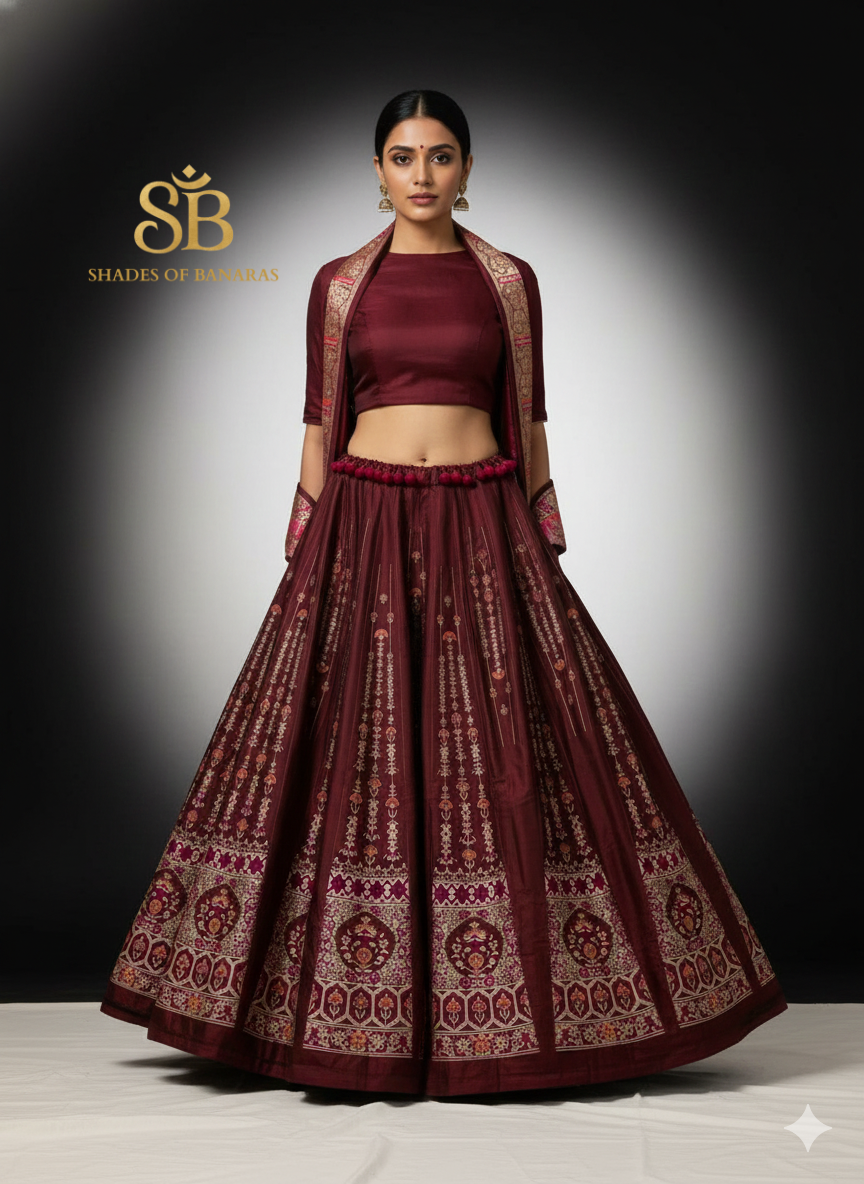 Maroon Minakari Luxe Couture Banarasi Lehenga — Royal Bridal Heirloom by Shades Of Banaras - banarasi - banarasi saree shop - banarasi saree manufacturers - banarasi saree wholesale - banaraasi sarees