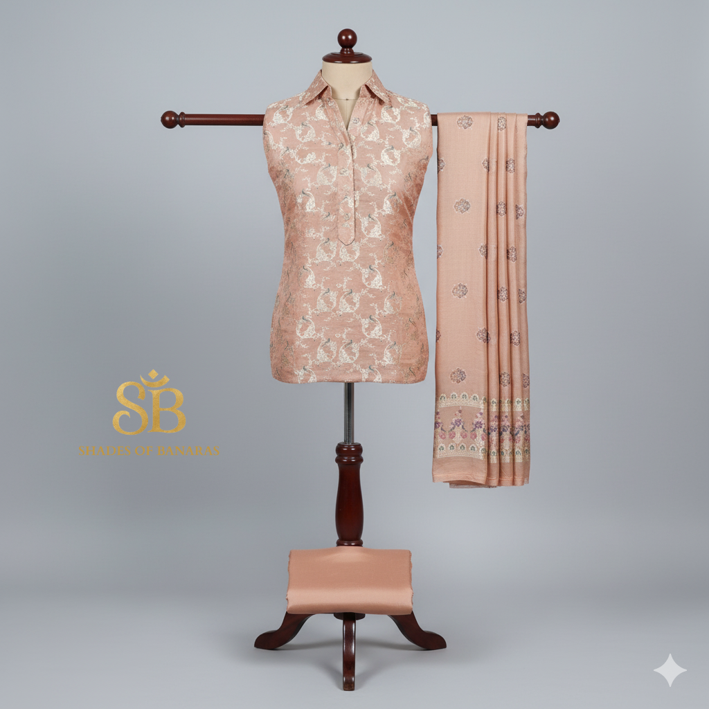 Peachish Orange Pure Banarasi Moonga Silk Handloom Shikargah 3-Piece Suit Set by Shades Of Banaras - banarasi - banarasi saree shop - banarasi saree manufacturers - banarasi saree wholesale - banaraasi sarees