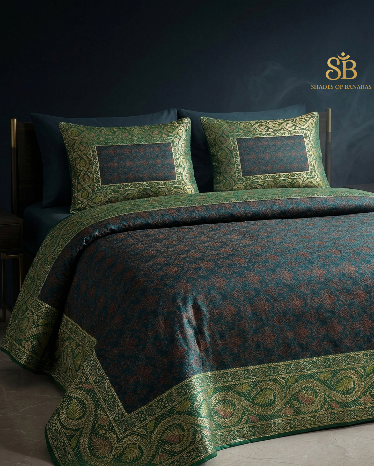 Emerald Luxe: Pure Dupion Silk Handloom Banarasi Bedcover Set