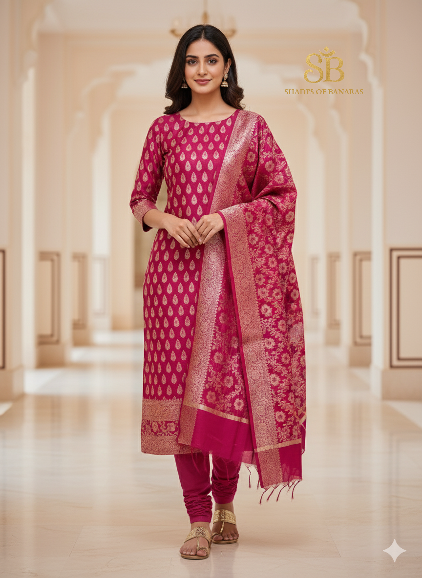 Charming Pink Pure Cotton Handloom Banarasi Suit Set by Shades Of Banaras - banarasi - banarasi saree shop - banarasi saree manufacturers - banarasi saree wholesale - banaraasi sarees