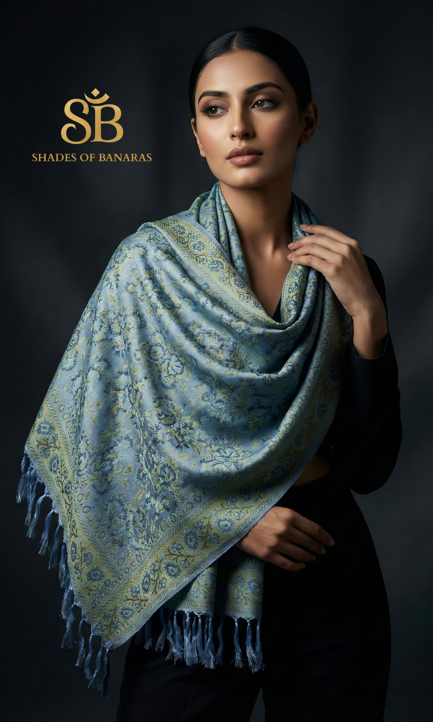 Ethereal Greyish Blue Pure Banarasi Silk Handloom Scarf — Luxe Heritage Edition