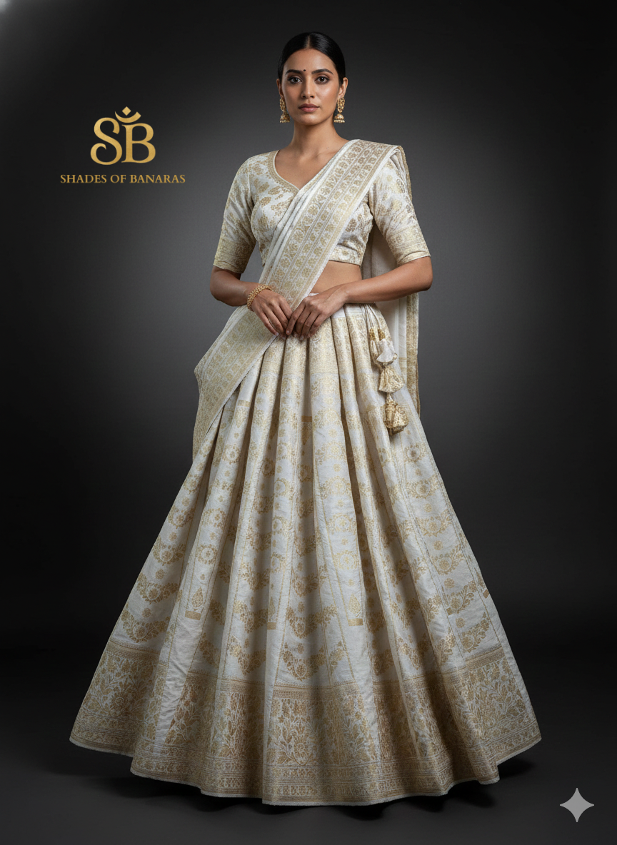 Opaline Heritage Luxe Couture — White Dyeable Banarasi Silk Lehenga by Shades Of Banaras - banarasi - banarasi saree shop - banarasi saree manufacturers - banarasi saree wholesale - banaraasi sarees