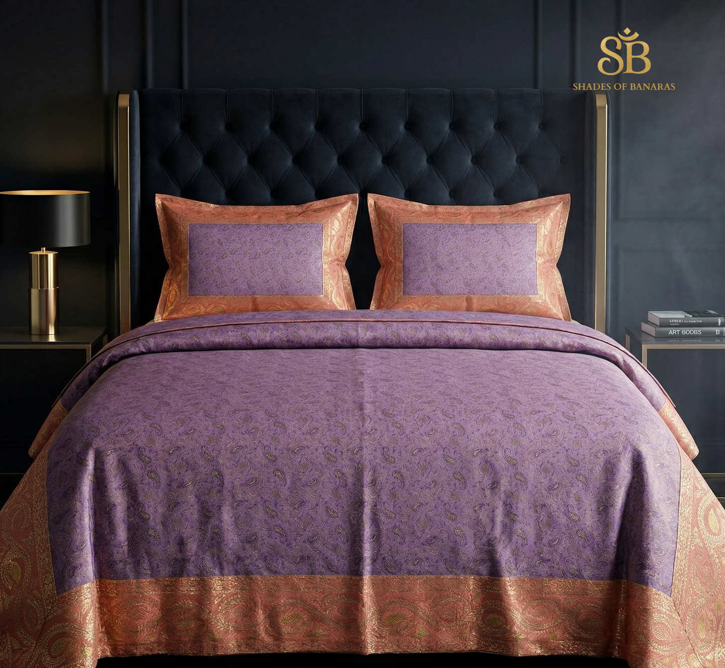 Lilac Couture: Pure Dupion Silk Handloom Banarasi Bedcover Set