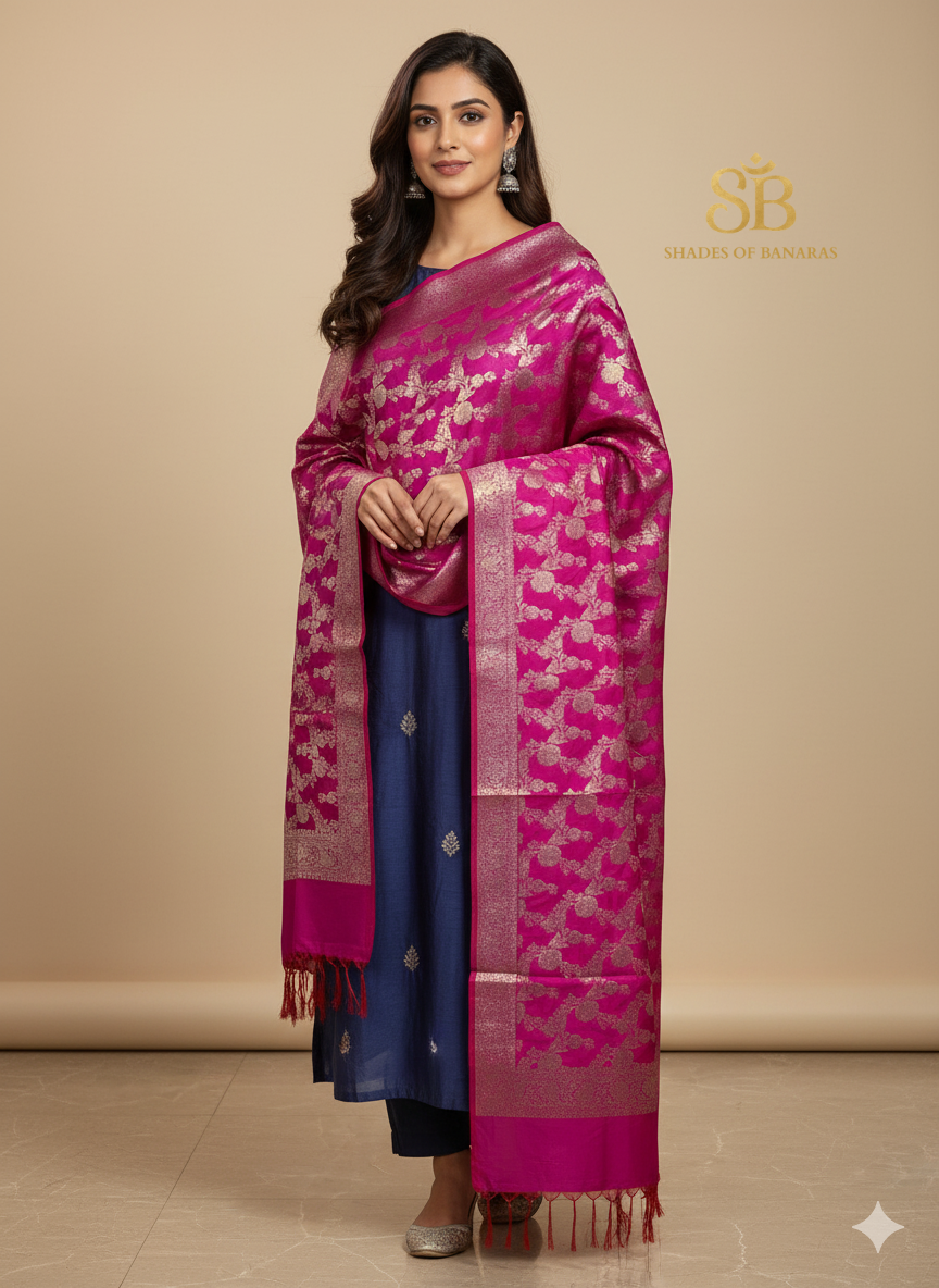 Rani Pink Banarasi Dupatta: A Weave of Joy by Shades Of Banaras - banarasi - banarasi saree shop - banarasi saree manufacturers - banarasi saree wholesale - banaraasi sarees