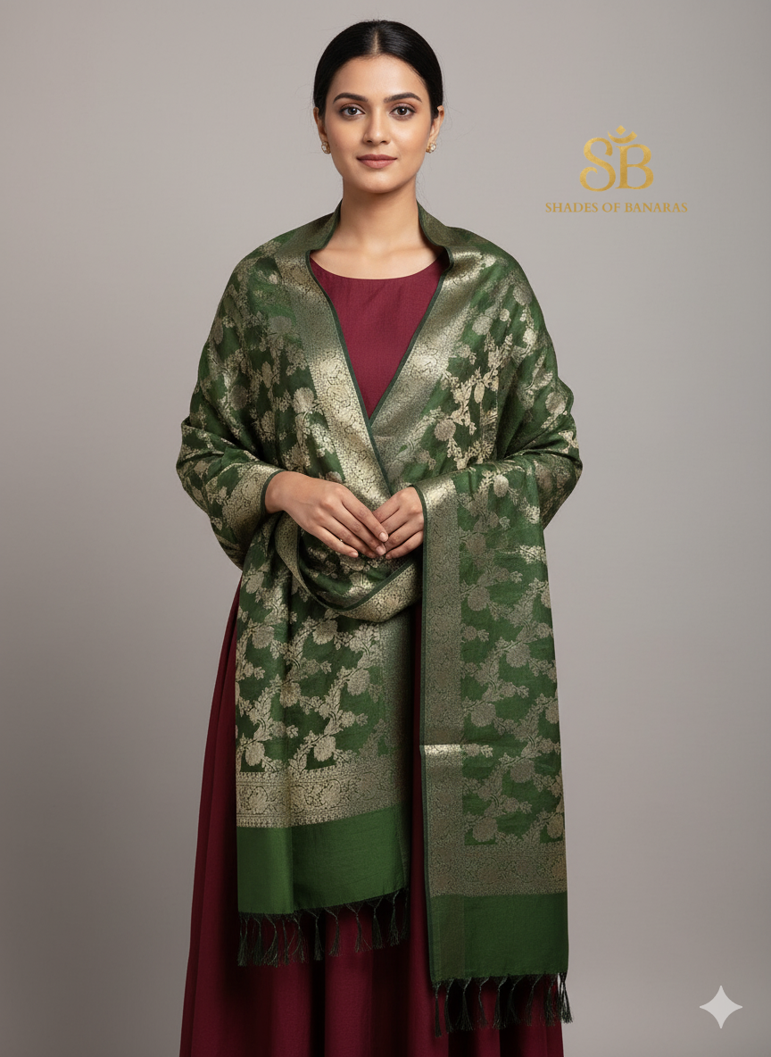 A Symphony of Serenity: Handwoven Pastel Green Cotton Silk Banarasi Dupatta by Shades Of Banaras - banarasi - banarasi saree shop - banarasi saree manufacturers - banarasi saree wholesale - banaraasi sarees