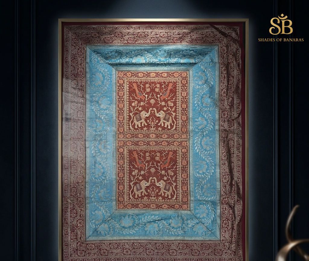 The Sovereign Heritage: Hand-Woven Pure Silk Couture WallHanging by Shades Of Banaras - banarasi - banarasi saree shop - banarasi saree manufacturers - banarasi saree wholesale - banaraasi sarees - banarasi sari - banarasi saris - silk saree - silk sari - wedding saree - wedding sari - designer sari - wedding collection - gifting