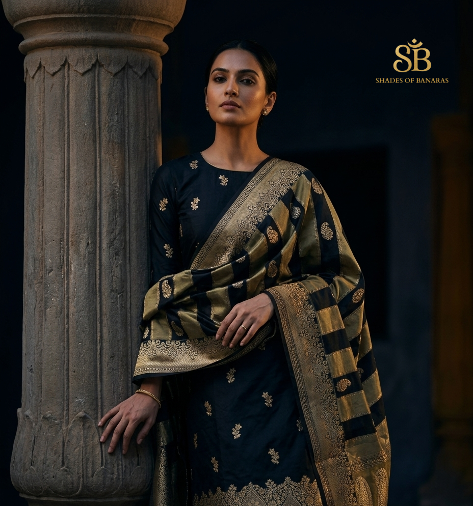 Midnight Heirloom: Handwoven Obsidian Silk Banarasi Unstitched Suit Set