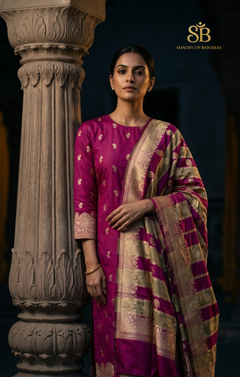 The Roseate Heirloom: Handwoven Peony Silk Banarasi Unstitched Suit Set