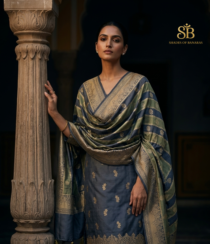 The Silver Moonrise: Handwoven Mist Grey Silk Banarasi Unstitched Suit Set