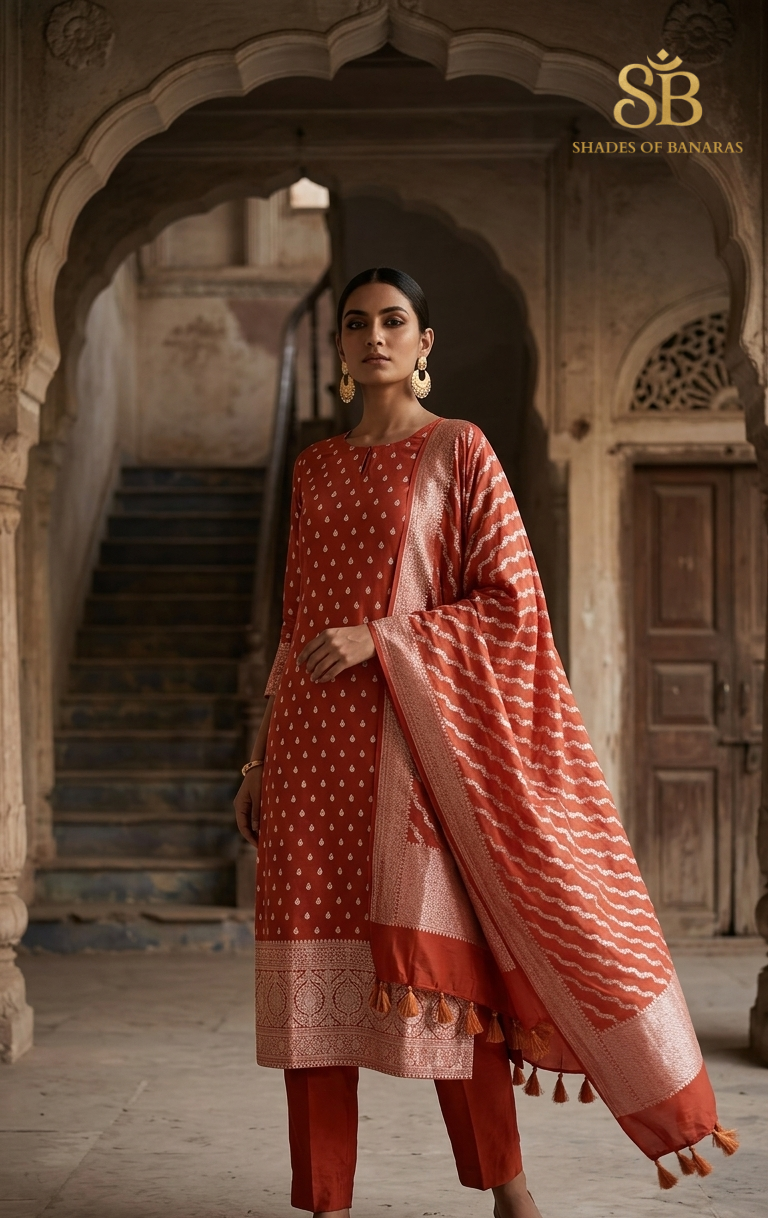 The Opulent Terracotta Rust Pure Cotton Silk Banarasi Handloom Unstitched Suit Set