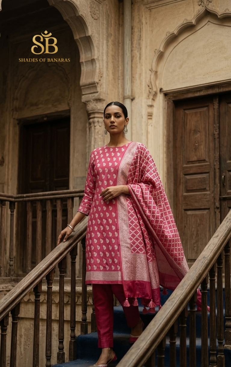 The Avant-Garde Rose Pink Pure Cotton Silk Banarasi Handloom Unstitched Suit Set