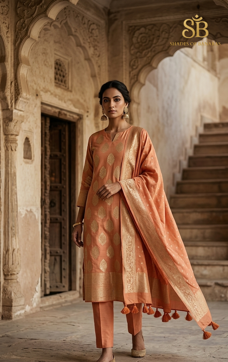 The Avant-Garde Peach Pure Cotton Silk Banarasi Handloom Suit Set