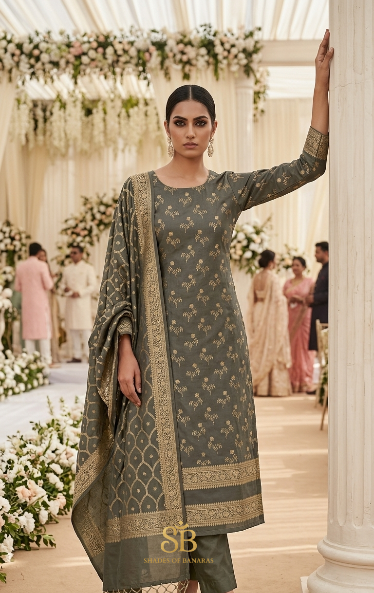 The Platinum Heritage Grey Katan Silk Handloom Heirloom Suit Set