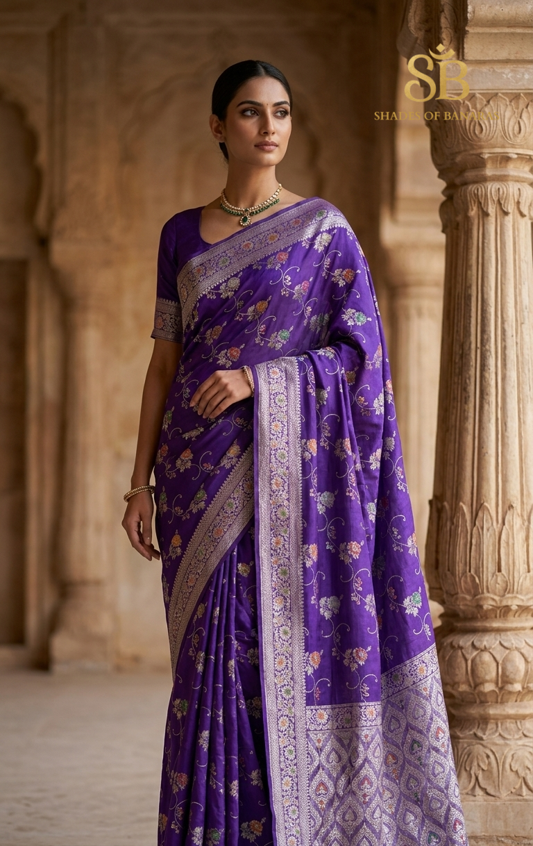 Viola Imperiale Couture Pure Katan Silk Banarasi Saree In Minakari Jaal