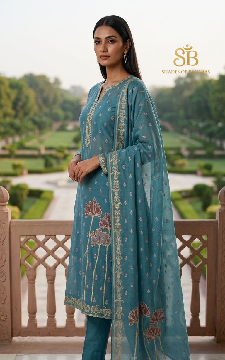 Blu Zaffiro Couture Pure Banarasi Dupion Silk Suit Set – Shades of Banaras
