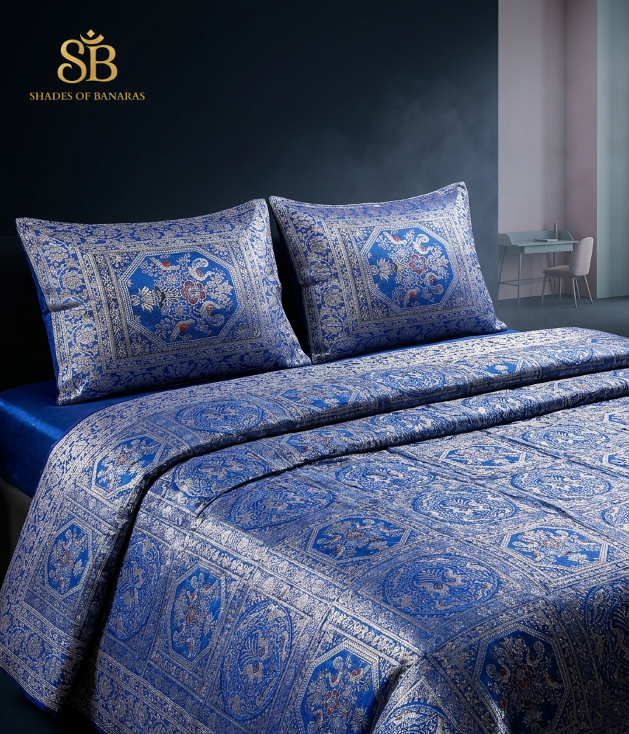 Blu Regale Ottagono Couture Pure Brocade Silk Banarasi Bedcover