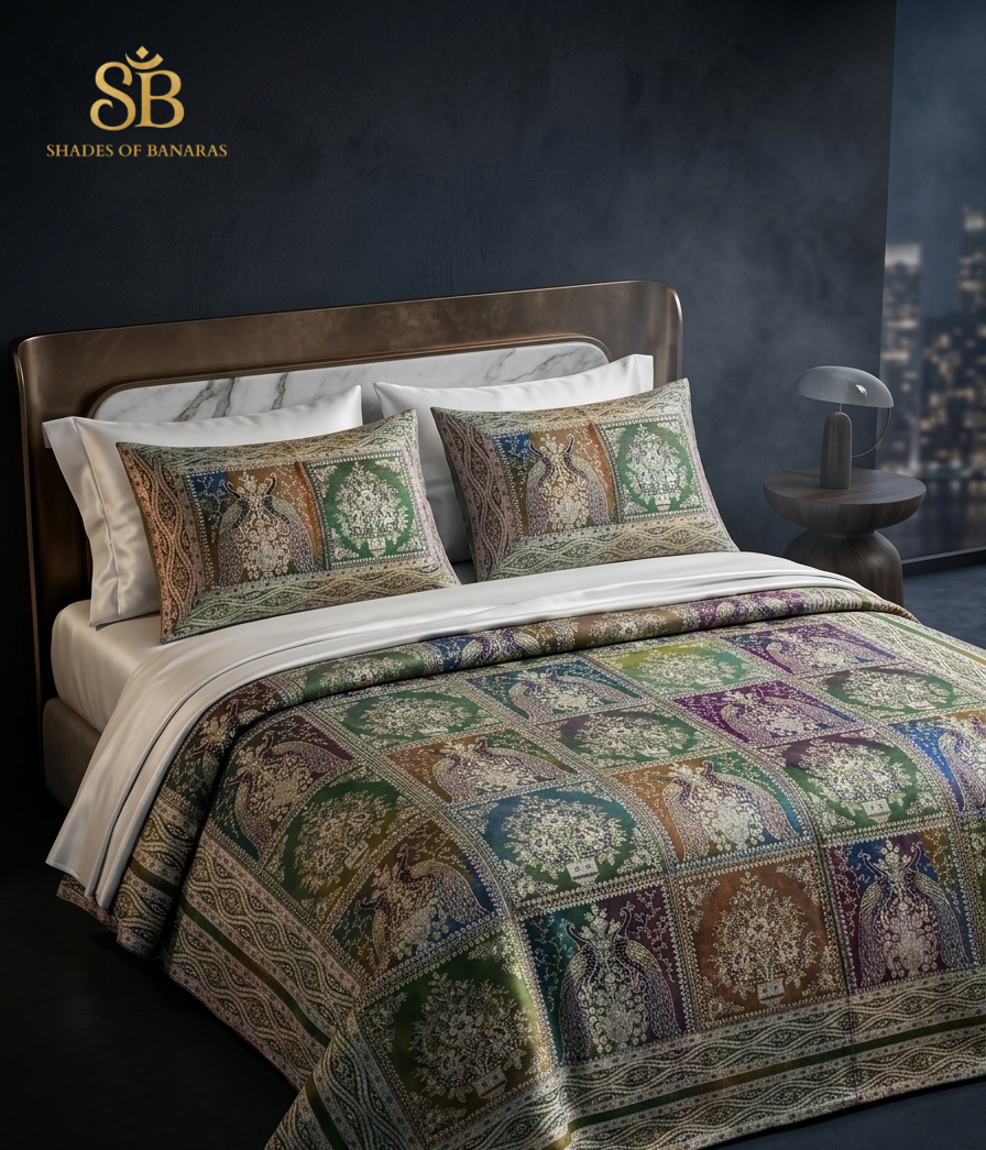 Policroma Regale Pavone Couture Pure Brocade Silk Banarasi Bedcover