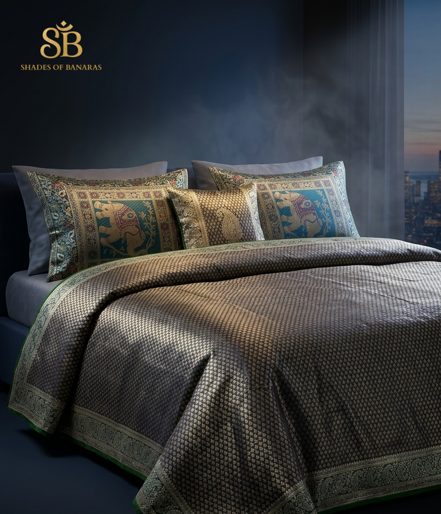 Notte Regale Elefante Couture Pure Brocade Silk Banarasi Bedcover