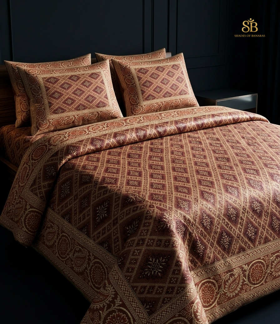 Marrone Imperiale Tessitura Couture Pure Dupion Silk Banarasi Bedcover – authentic Banarasi handloom weave – Shades of Banaras