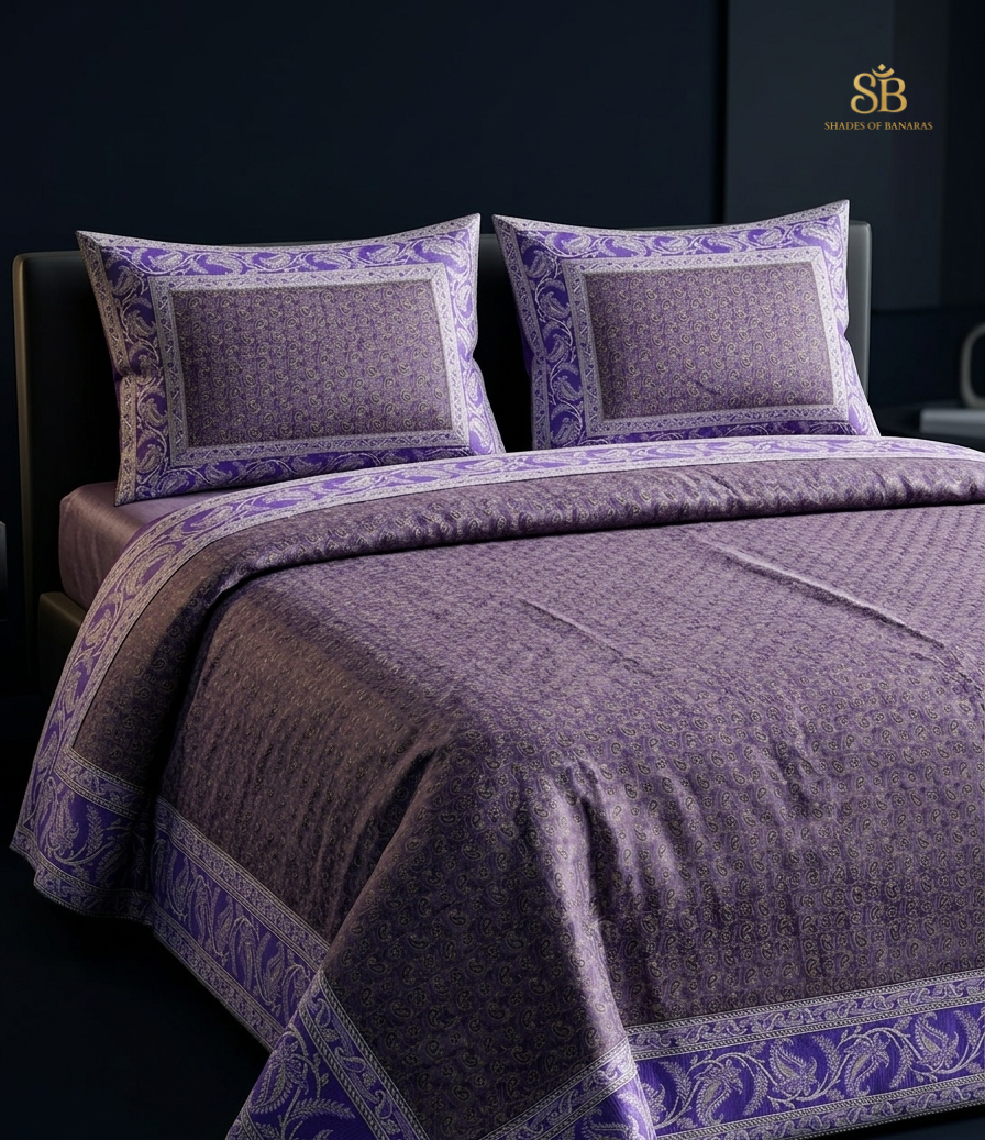 Lavanda Celeste Manotessuta Couture Pure Dupion Silk Banarasi Bedcover – authentic Banarasi handloom weave – Shades of Banaras
