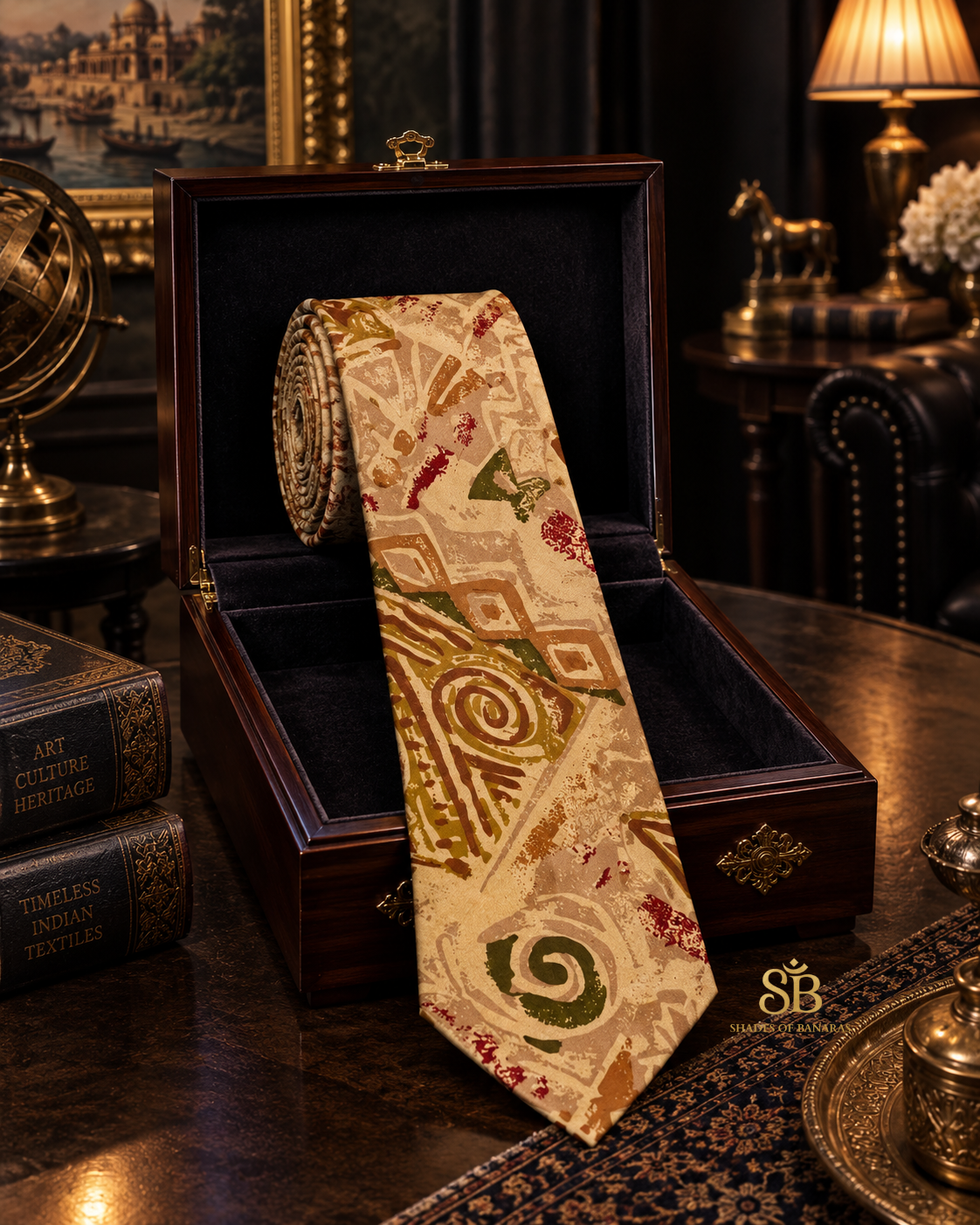 Beige pure silk Banarasi handloom necktie with hand printed abstract tribal design - Shades of Banaras