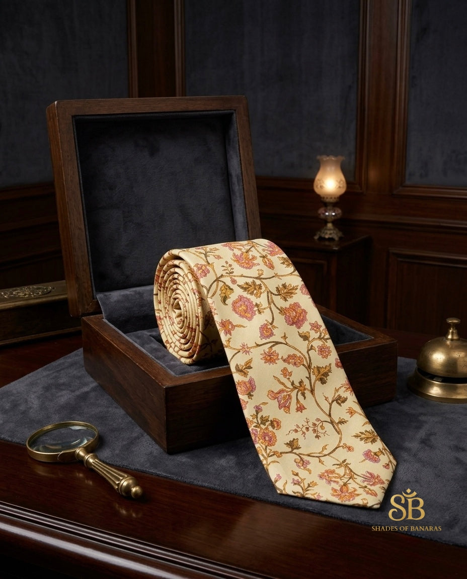 Beige pure silk Banarasi handloom necktie with hand printed floral vine design - Shades of Banaras