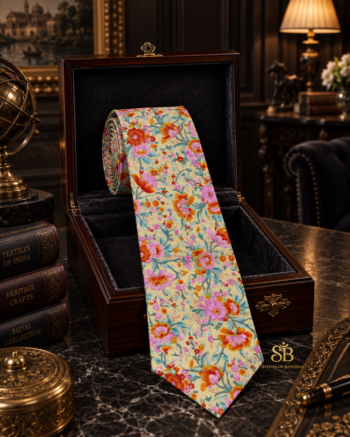 Beige pure silk Banarasi handloom necktie with hand printed floral bouquet design - Shades of Banaras