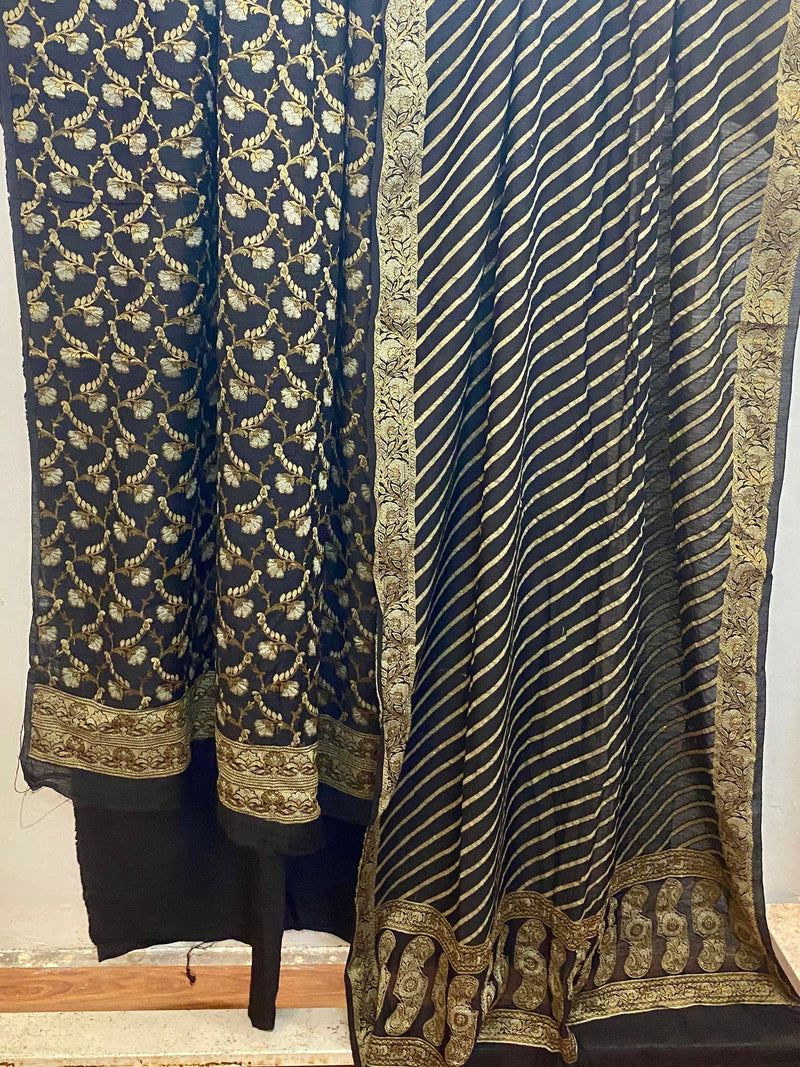 Black Banarasi cotton silk handloom 3 pcs suit set - Shades Of Benares