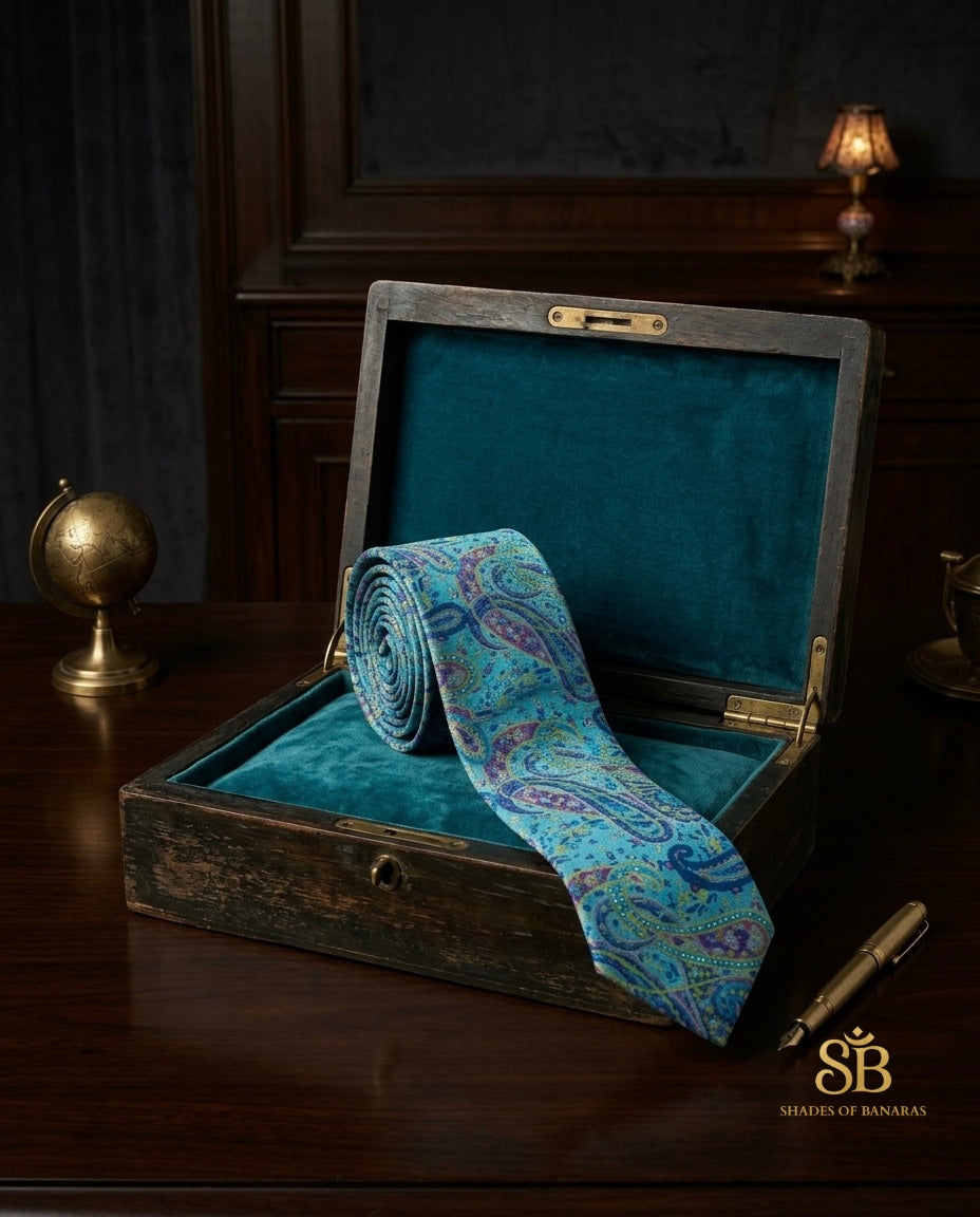 Blue pure silk Banarasi handloom necktie with hand printed paisley trail design - Shades of Banaras
