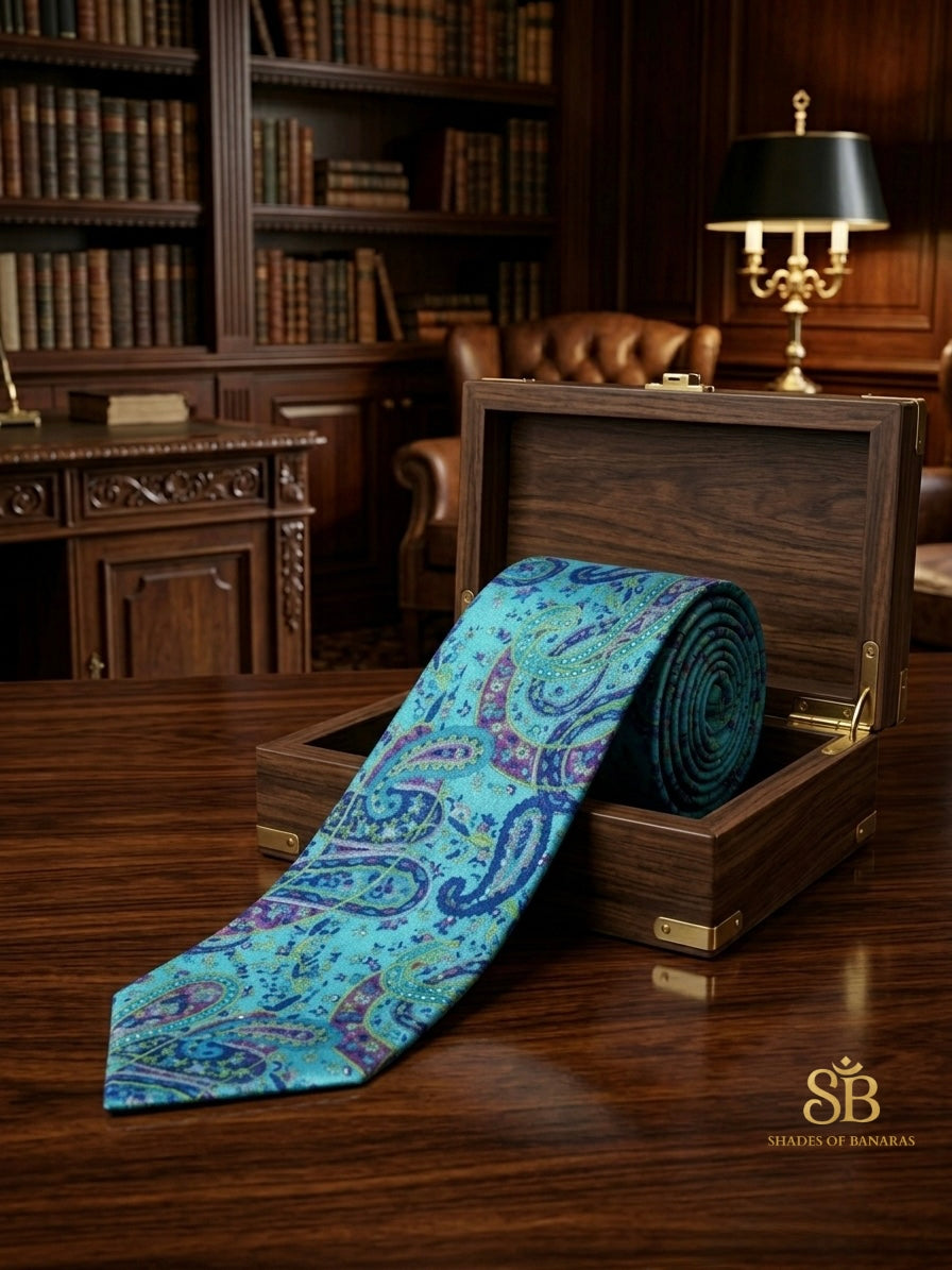 Blue pure silk Banarasi handloom necktie from Varanasi with hand printed paisley