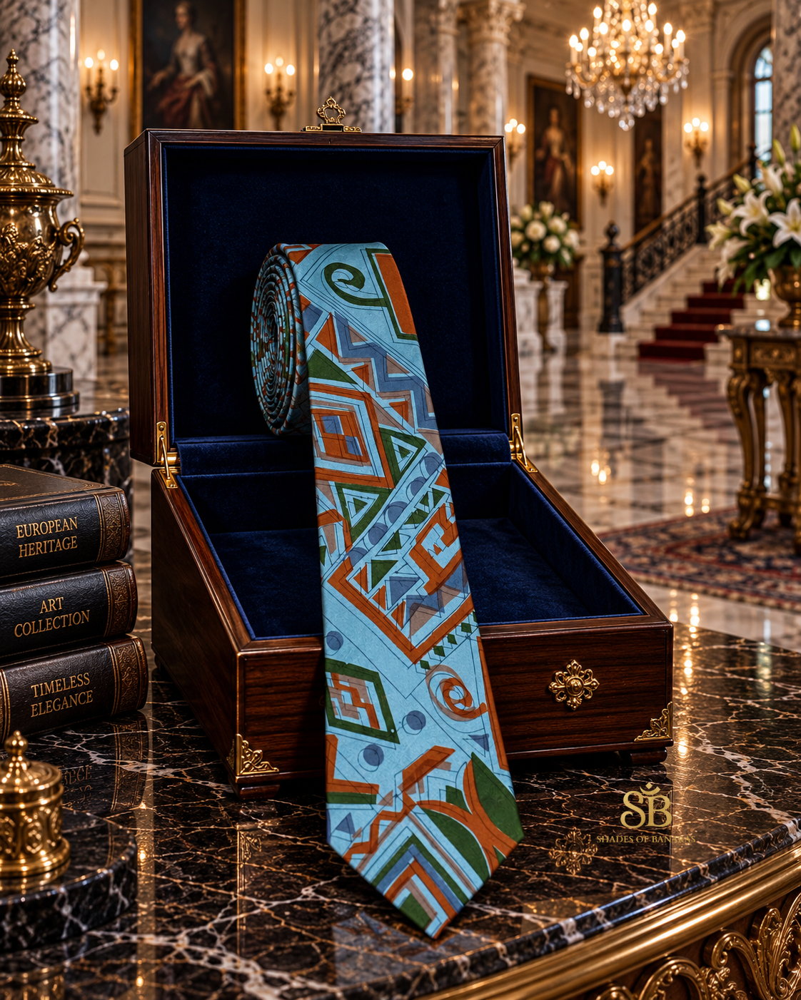 Blue pure silk Banarasi handloom necktie with hand printed geometric spiral design - Shades of Banaras