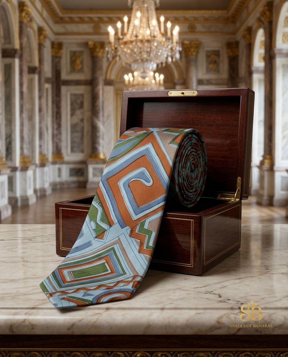 Blue pure silk Banarasi handloom necktie with hand printed geometric swirl design - Shades of Banaras