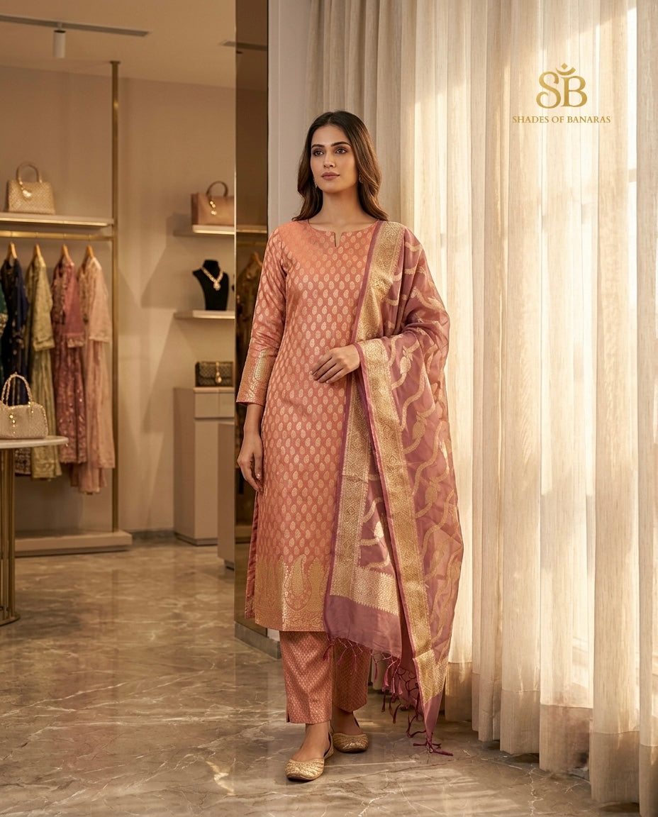 Blush peach pure cotton silk Banarasi handloom unstitched suit set in boutique